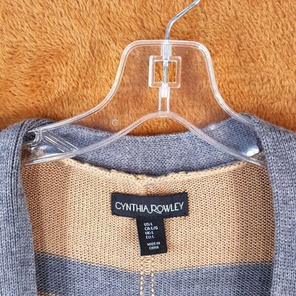CYNTHIA ROWLEY Womens Sweater Large Tan Gray Cardigan Merino Wool Open Pockets - Picture 2 of 8